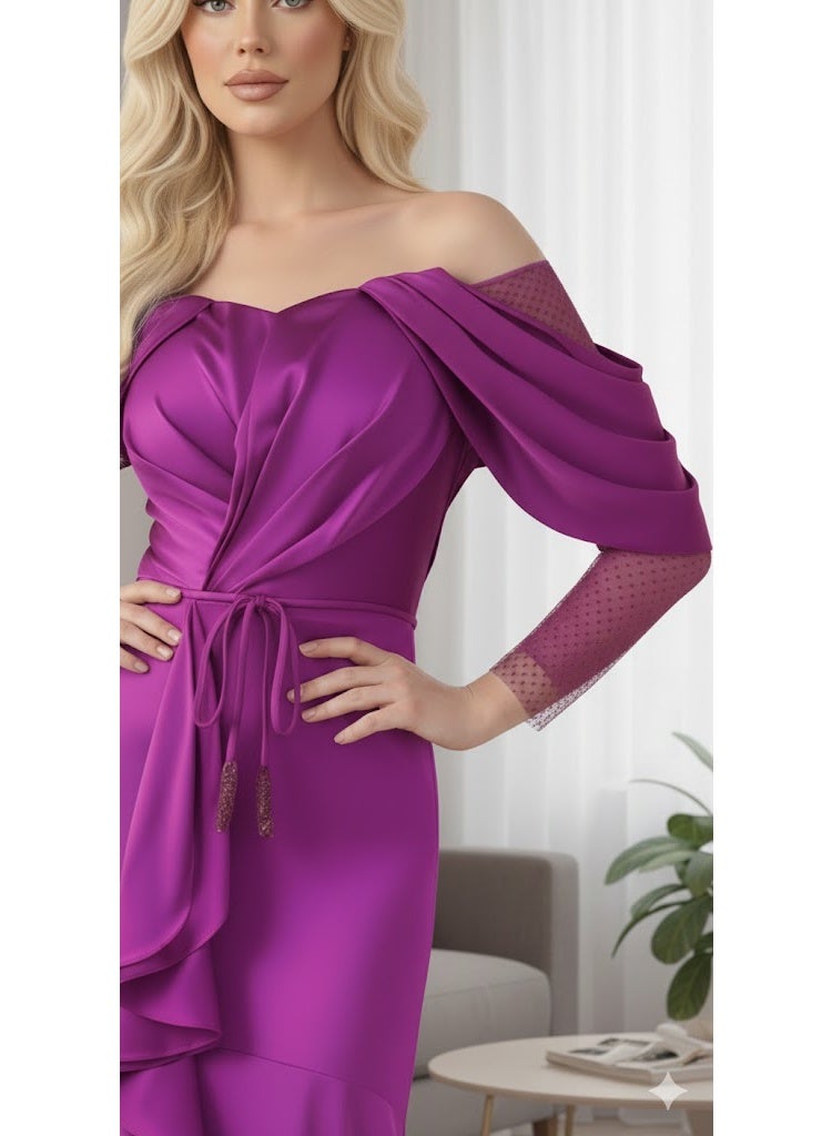 FULL JOY Women Luxurious Silk Satin Maxi Evening Dress, Off-Shoulder Design, Long sheer sleeves, and Waist Belt .Fashion Dress, Modern dress. - Image 4